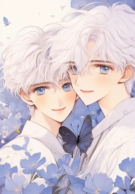 (muste piece), (highest quality), very detailed, (two boys:1.4), concentrated，perfect face, beautiful face, very detailed顔，(blue eyes:1.3)，flower，butterfly々，flower petals，Light，(smile:1.3)，(white haired boy:1.4)，(black haired boy:1.4)