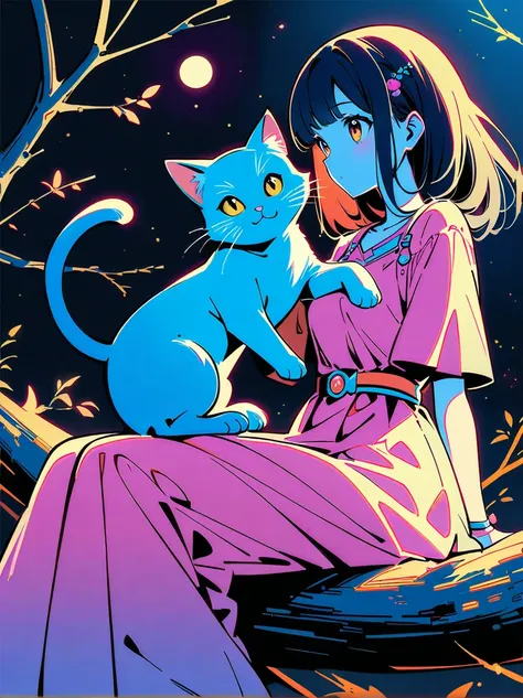 Romantic and sweet style，night，Backlight，A girl sitting on a branch，Holding a blue cat，There is a full moon behind，Fresh colors，Soft colors，Diode lamp，Concept art style，Extremely complex details，Clear distinction between light and dark，Structured，Ultra HD