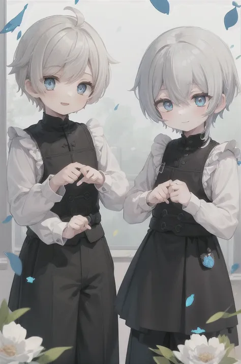 (muste piece), (highest quality), very detailed, (two boys:1.4), concentrated，perfect face, beautiful face, very detailed顔，(blue eyes:1.3)，flower，butterfly々，flower petals，Light，(smile:1.3)，(white haired boy:1.4)，(black haired boy:1.4)