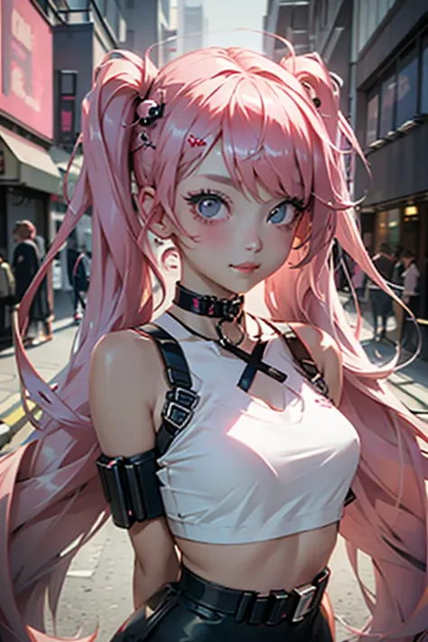 Beautiful woman pink twin tail long hair、cyberpunk style short clothes、Heart-shaped choker、gazing at viewer、front facing、A slight smil、London cityscape