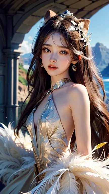 8k, Beautiful Princess, woman, Very small looking dress, Made of feathers, magic, Fascinating, hot, full length, woman, Hazelnut Eyes, bright, And the whole tail. cliff, valley, beautiful blur background, Perfect face and eyes, Ultra detailed ultra detaile...