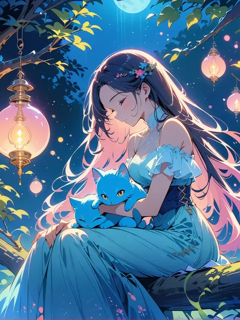 Romantic and sweet style，night，Backlight，A girl sitting on a branch，Holding a blue cat，There is a full moon behind，Fresh colors，Soft colors，Diode lamp，Concept art style，Extremely complex details，Clear distinction between light and dark，Structured，Ultra HD