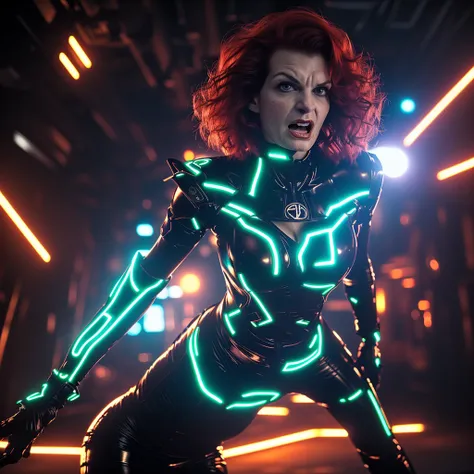 a sassy, obnoxious red-haired dominatrix woman, (sandra bernhard age 25), in a tron-inspired futuristic sci-fi setting, punishin...