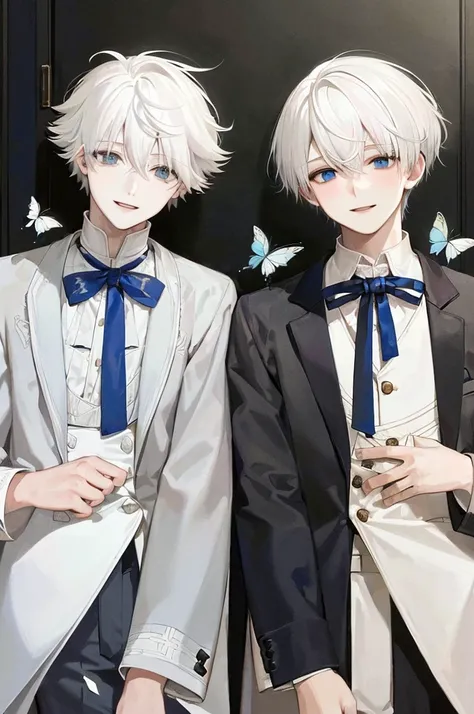 (muste piece), (highest quality), very detailed, (two boys:1.4), concentrated，perfect face, beautiful face, very detailed顔，(blue eyes:1.3)，flower，butterfly々，flower petals，Light，(smile:1.3)，(white haired boy:1.4)，(black haired boy:1.4)