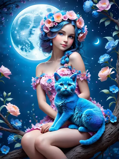 pam-flwr, a cute girl made of flowers sits on a branch，holding a blue cat，there is a full moon behind，fresh colors，soft colors，b...