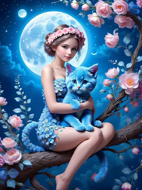 pam-flwr, a cute girl made of flowers sits on a branch，holding a blue cat，there is a full moon behind，fresh colors，soft colors，b...