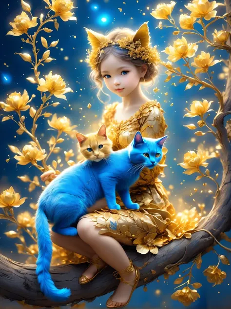 girl made of golden flowers sitting on a branch，holding a blue cat，blur background，highly detailed，lifelike，lifelike，air flash p...