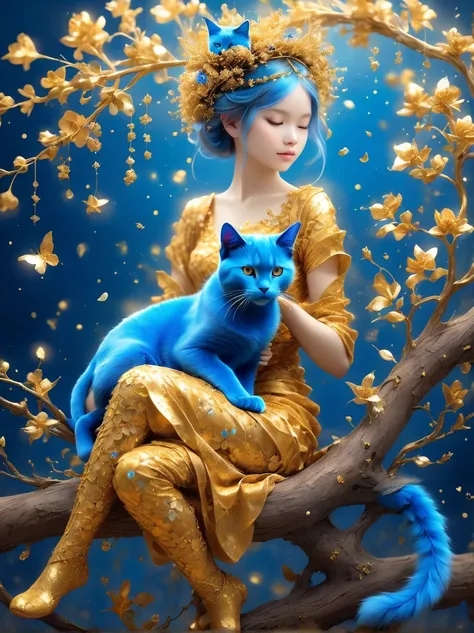 girl made of golden flowers sitting on a branch，holding a blue cat，blur background，highly detailed，lifelike，lifelike，air flash p...