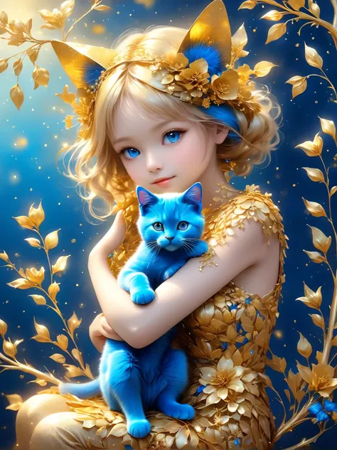 girl made of golden flowers sitting on a branch，holding a blue cat，blur background，highly detailed，lifelike，lifelike，air flash p...