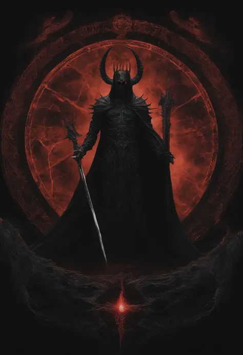 Hell God, lucifer, black face, no face, re eyes, holding glowing light sword, glowing text, against giant hell lord, ((circle light symbol)), behind head, dark fantasy art, death metal album cover, smoke, fire, lord of hell, ((diablo))