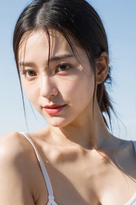 ((best quality)), ((masterpiece)), (detailed), perfect faceBeautiful Korean woman, kpop idol, white hair, ponytail, symmetrical eyes, tight all-white sleeveless body suit, red lips, small breasts, olive skin tone, eyelashes, aegyo sal, (beautiful detailed ...