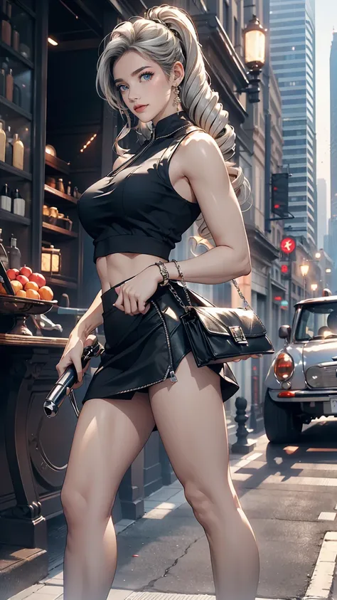 26 year old Caucasian female、Wear a black sleeveless zipper-up top、Navel visible、Lower milk visible、Wear a low-rise black mini skirt、Wear stiletto heels、Have a clutch bag、Side Tail((side drill))、Silver Hair、smile、Skyscraper background