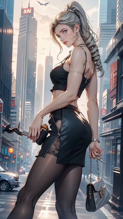 26 year old Caucasian female、Wear a black sleeveless zipper-up top、Navel visible、Lower milk visible、Wear a low-rise black mini skirt、Wear stiletto heels、Have a clutch bag、Side Tail((side drill))、Silver Hair、smile、Skyscraper background