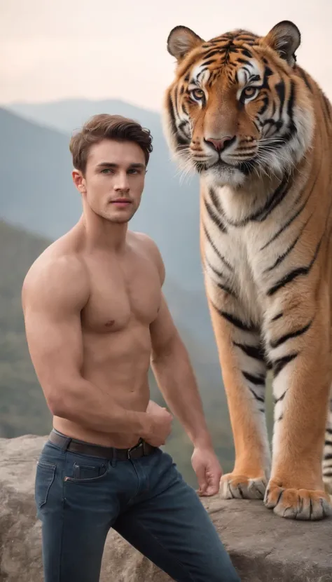 A handsome, burly young man from England without clothes, only wearing trousers, jeans, stands with a large tiger while looking at the camera with a mountainous background.