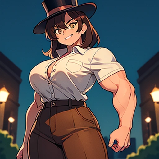 Muscular,women,female,top hat,brown hair,yellow eyes,brown pants,Green button down shirt,smile ,solo,breasts,park,(Hypermuscle:1.2),night