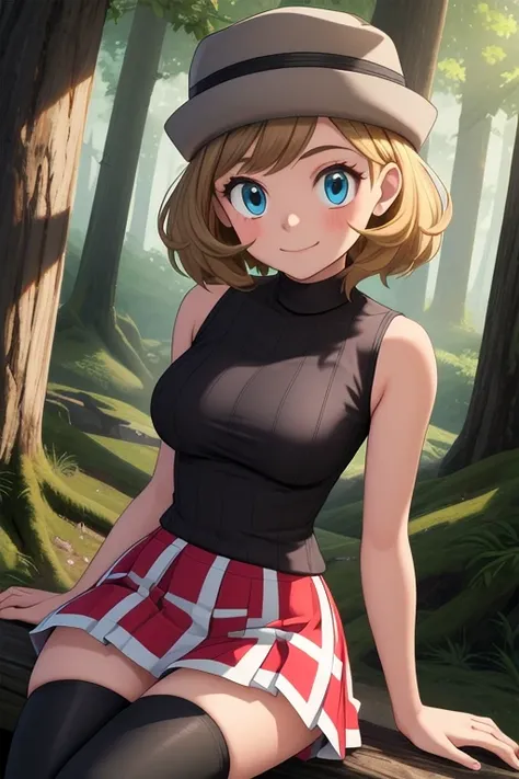 pkmnserena, 1girl, solo, blue eyes, blonde hair, short hair, bangs, hat, grey headwear,
black shirt, turtleneck, sleeveless, red...