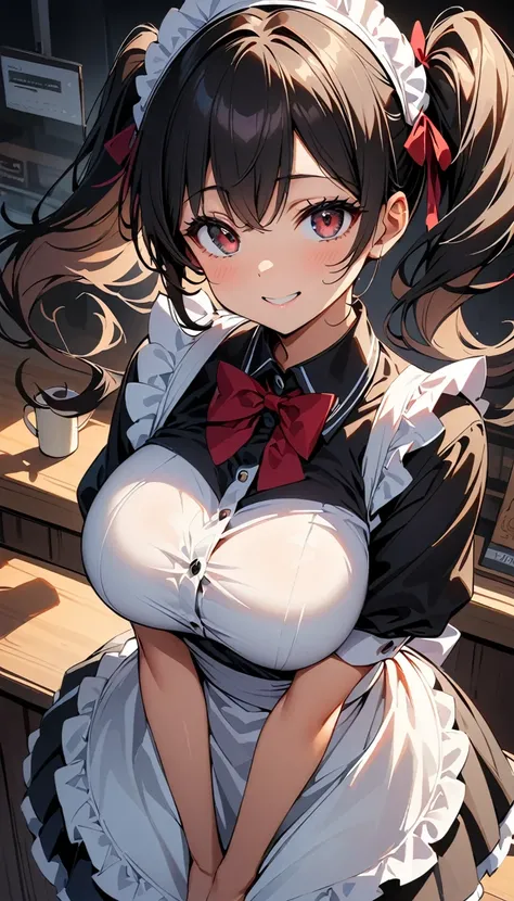 (high quality, 8k, 4K, High Contrast, masterpiece:1.2, 最high quality, Best aesthetics), beauty, Maid, Very detailed, レースのヘッドドレスをつけた魅惑的でエロティックなGalの女の子, smile, (Big breasts, Black Hair, Twin tails), Focus on the face, Focus on the face, Complex eyes, tights,...