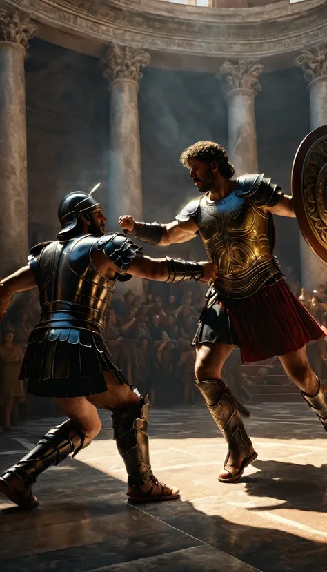 intense gladiator duel, set in ancient rome, historical painting, digital uhd (64k) image, cinematic film still dramatic side li...