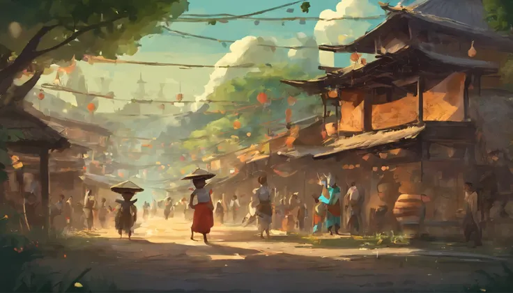 The little boy and his older sister arrive at the quaint village, greeted by a bustling scene as people prepare for the upcoming bamboo pole dancing competition. The village exudes a strong sense of folk customs.