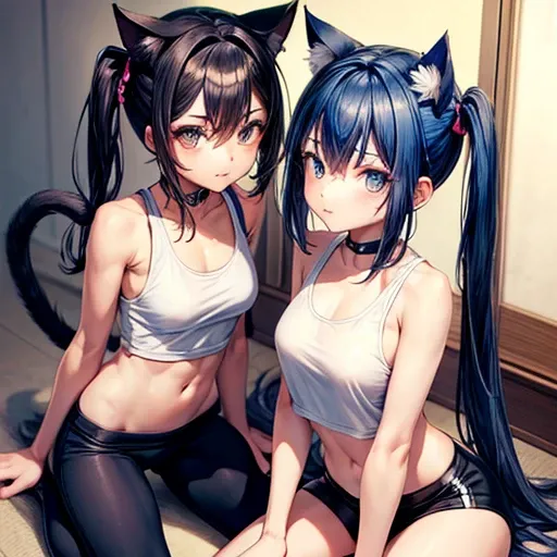 A girl with dark blue hair, cat ears and a tail, wearing a tank top and racing pants.　Loli body type　　Twin tails　Female genitalia is visible　　Detailed depiction of female genitalia　Flat Chest　Stern look　On all fours