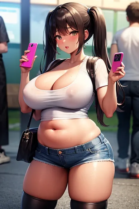 Big breasts, belly-baring white T-shirt, tight shirt　Short sleeve jacket　Open chest Long hair　Brown Hair　Twin tails　Denim shorts, plump belly, night, dark skin, comfortable face, red cheeks　　Black knee-high boots, nipples and areola visible through clothes...