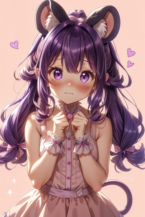 purple hair, curly hair, hair ribbon, sparkling eyes, animal ears, mouse ears, shy, full blush, flustered, light blush, anime, a...