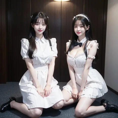 VIP room，Maid kneels down，The two girls smiled happily, Less clothes，Expose maid attire，Grab the skirt with both hands，Loafers，Lots of maids，Huge breasts，Thin waist，loyal maid，Obey everything,Very obedient，付出型性格和Likeable的个性，Obedient personality、Likeable，Ab...