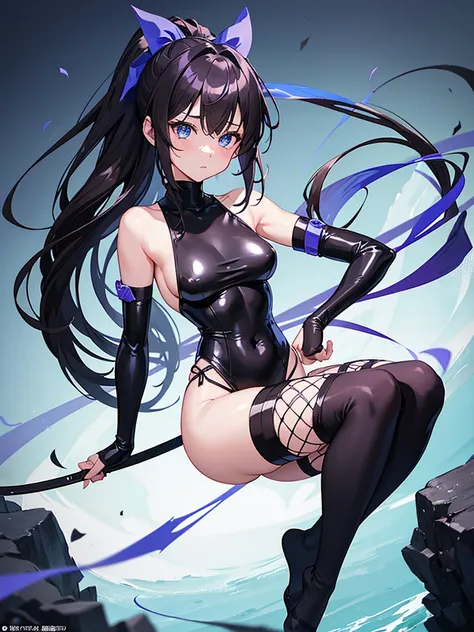 Kunoichi Girl、Round blue eyes、Slightly blushing cheeks、Dark brown long hair with a light blue ribbon on the back、Bust C、The provocative black tight high leg and black fishnet body tights have no sleeves and the side boob is visible.、Black and blue tight gl...