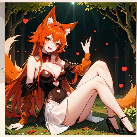 A fox girl，Fox Beauty，Anime style，Seductive laughter，Heart-shaped pupil，High heel，Sitting，In the forest，Orange-red hair，8k，Tyndall effect，Queen style