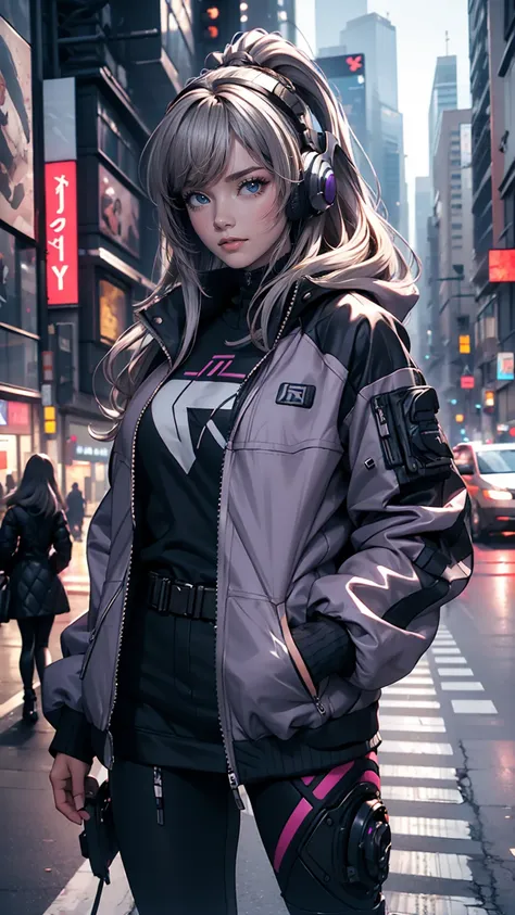 one girl, gray hair, long hair, techwear masterpiece, highest quality, realistic, realism, dark purple jacket, portraiture, fine...