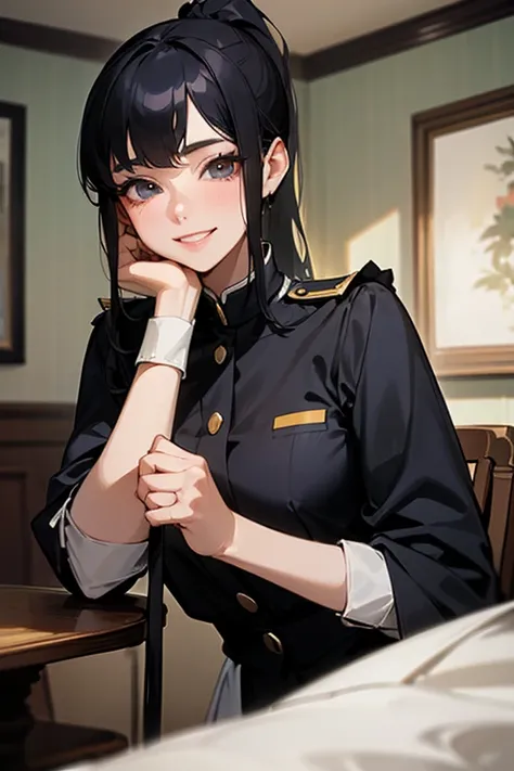 ponytail、(Highest Resolution, clear_image) highest quality, Single person, One woman, alone, masterpiece, Very detailed, Semi-realistic, Black Hairのショートヘア, Black Hair, bangs, 18-year-old, mature, light blue uniform, uniform, Indoor Background, kind, Author...