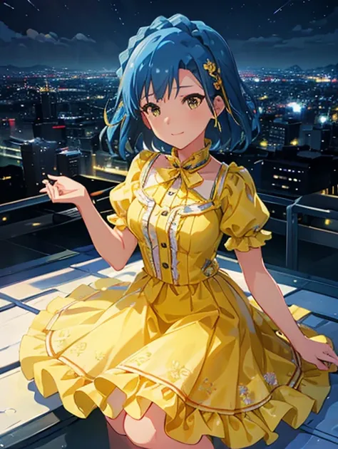 yuriko nanao (million live), 1 girl, Solo, Best Quality, masutepiece, 8K, High resolution, Ultra-detailed, (((It is located on the rooftop, Night view))), lightsmile, Light blue dress, Sailor Color Dress, Short sleeves, Puffy sleeves, Yellow cardigan,