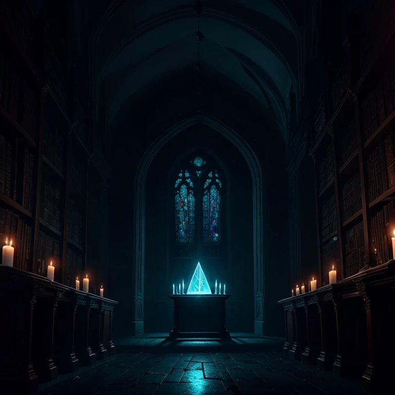 A glowing crystal upon an altar in a dark and gloomy haunted library at night