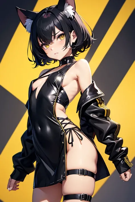 femboy, (flat chest:1.2), miniskirt with side slit, straps on torso, straps on arms, (knees spread), short messy black hair, light amber eyes, [cat ear accessory], blushing, high_quality, masterpiece, 4k, background:abstract, arched back, (black and yellow...