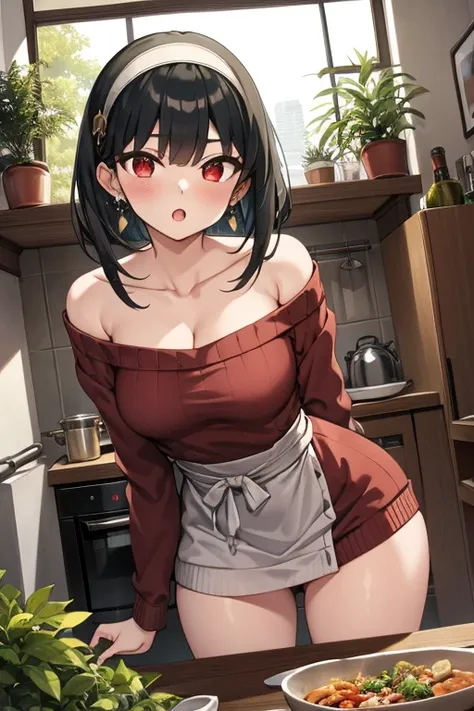 masterpiece, yor, 1girl, Bust A Cup, Amazing Cleavage:1.0, thin waist, big ass, Raised sexy, small breast: 1.2 posed cleavage:1.2、solo, looking at viewer, open mouth, have a cute grass of cute beergrass,black hair, red eyes, dress, bare shoulders, jewelry,...