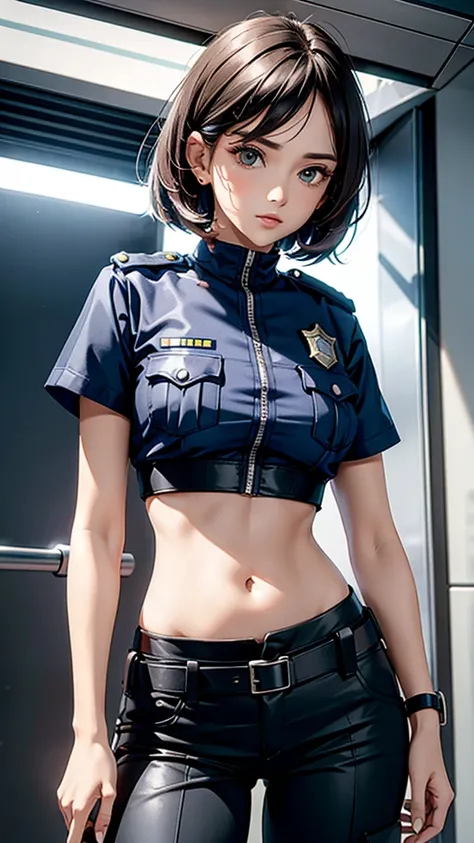 
Women in crop top police uniform, police  pants, showing navel, 