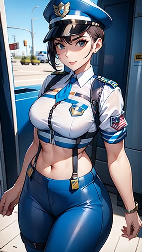 women in crop top police uniform, police  pants, showing navel, fat