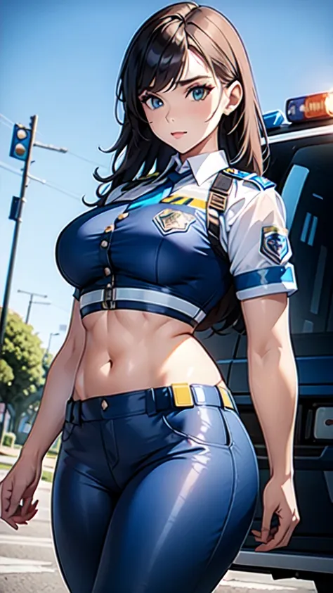 
Women in crop top police uniform, police  pants, showing navel, fat