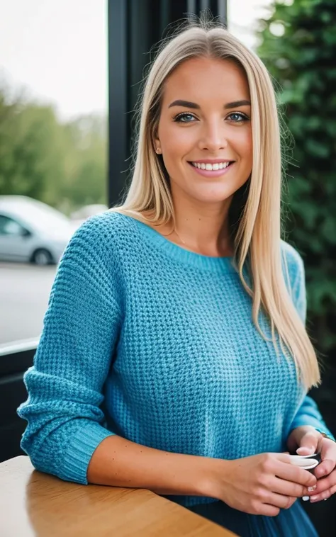 (Helena von Lovi) Photo of a stunningly beautiful woman, 24 Jahre alt, perfectly fitting body, big Blaue Augen, langes, unordentliches, windiges blondes Haar, Blaue Augen, beautiful blonde in yellow sweater (Drinking coffee in a modern cafe at sunset), seh...