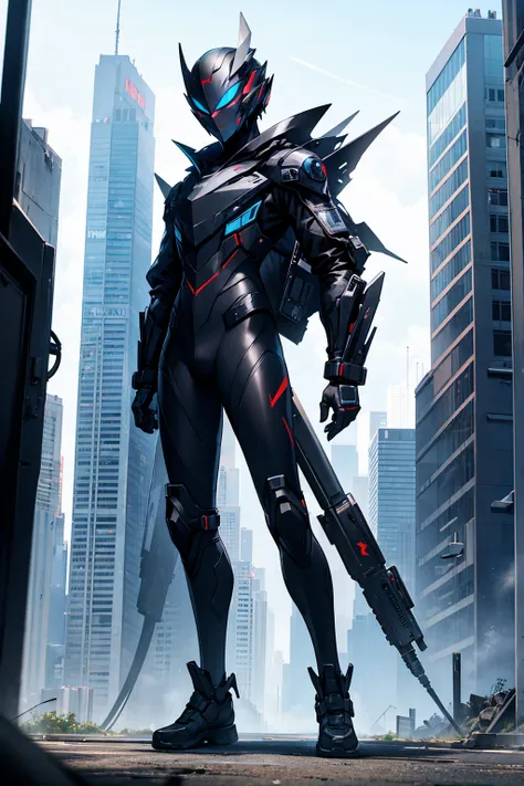 A teenager wearing black High-Tech suit black jacket High-tech Spider tactical helmet sci-fi city full-body shot Hero character design