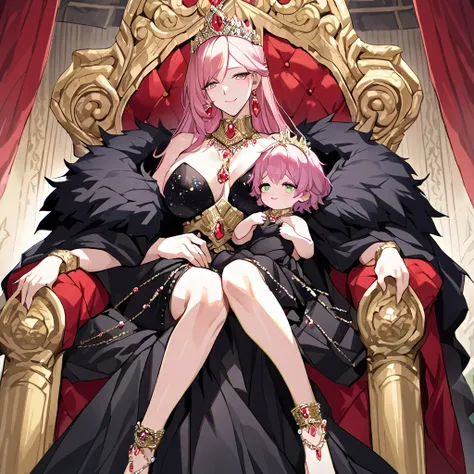 ((highest quality)), ((masterpiece)), (detailed), （Perfect Face）、（The woman is Lena, with short pink hair and a happy smile, and is in the luxurious imperial audience chamber, where the dignified evil emperor is reigning while sitting on a luxuriously deco...