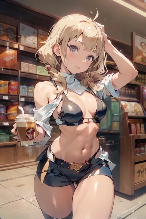 (masterpiece, Best Quality, ultra-detailed, high resolution, extremely detailed CG, official art, Professional Lighting, Perfect Anatomy, anime colors), (from below), looking at viewer, cowboy shot, perfect body, 24yo beautiful 1girl, medium hips, glamorou...