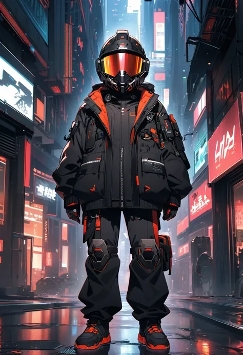 A teenager wearing black High-Tech suit black jacket High-tech tactical helmet sci-fi city full-body shot Hero character design