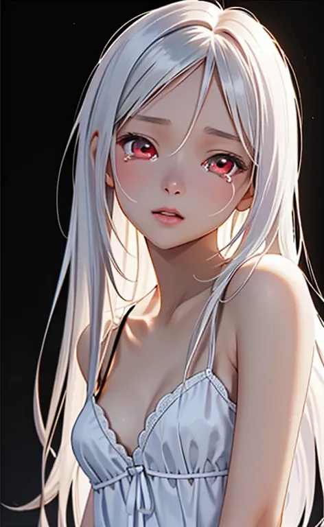 (Photorealistic:1.4)、asuna,(masterpiece、lens flare:1.5、spot light:1.2、Exquisite beautiful eyeonochrome:1.5,portlate、)、Cute Face、 3D Face、(platinum White hair:1.5、Straight Hair)、(1 Girl)、(Red eyes:1.2)、(upper body)、(),(Sundress)、 (Cute face:1.2),(sobbing),(...