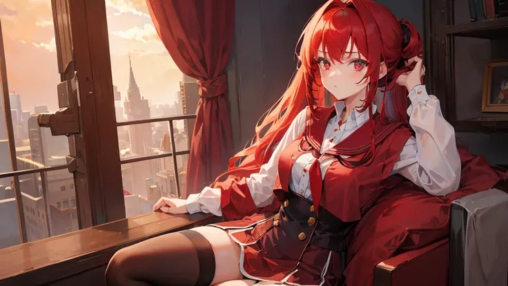 girl with red long hair, hair tied up, eyes upturned, cool girl, red school royal clothes, royal school, black stocking, 8k resolution, red sky, fantasy, sexy character, hair tied, school girl 