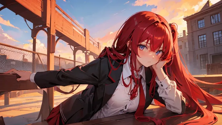 girl with red long hair, hair tied up, eyes upturned, cool girl, red school royal clothes, royal school, black stocking, 8k resolution, red sky, fantasy, sexy character, hair tied, school girl 