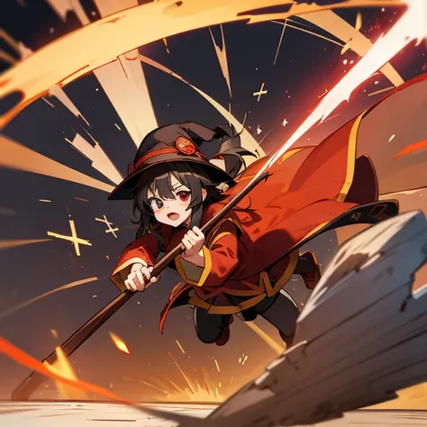 KonoSuba、(Megumin)、Wizard、(Wooden two-handed walking stick)、In the chant、Arrangement where the magic square can be seen、(A black eye patch with an embroidered cross)、(big red hat)、Red Robe、Particle Effects