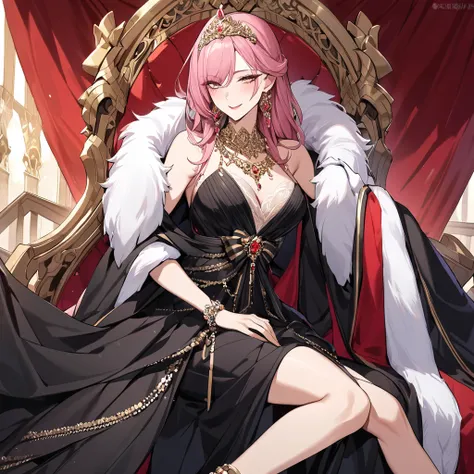 ((highest quality)), ((masterpiece)), (detailed), （Perfect Face）、（The woman is Lena, with short pink hair and a happy smile, and in the luxurious imperial audience chamber, the dignified evil emperor is reigning supreme, sitting on a luxuriously decorated ...