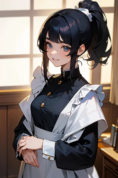 ponytail、(Highest Resolution, clear_image) highest quality, Single person, One woman, alone, masterpiece, Very detailed, Semi-realistic, Black Hairのショートヘア, Black Hair, bangs, 18-year-old, mature, light blue uniform, uniform, Indoor Background, kind, Author...