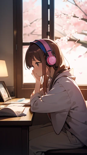 Beautiful girl studying in her room while listening to music with headphones、Warm lighting、Outside the room, cherry blossoms are blooming、Japanese anime style